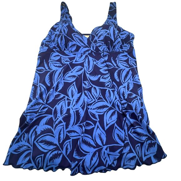 SWIM 365 Women's 20 Blue Tropical Leaf Print‎ Padded One Piece Swimsuit Dress - Picture 2 of 9